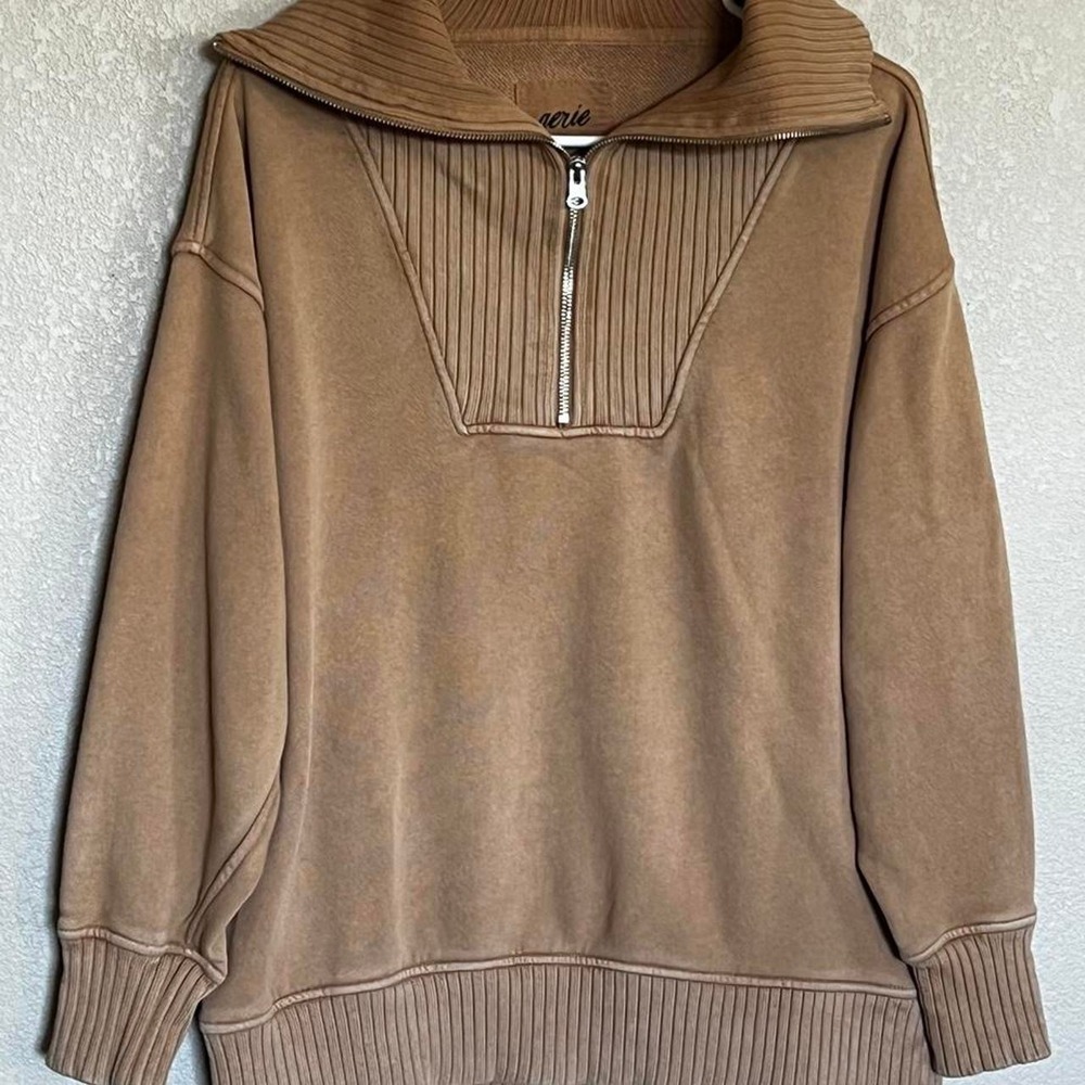 Aerie Oversized Ribbed 1/4 Zip Pullover Sweatshirt Camel Tan Neutral Soft Cozy